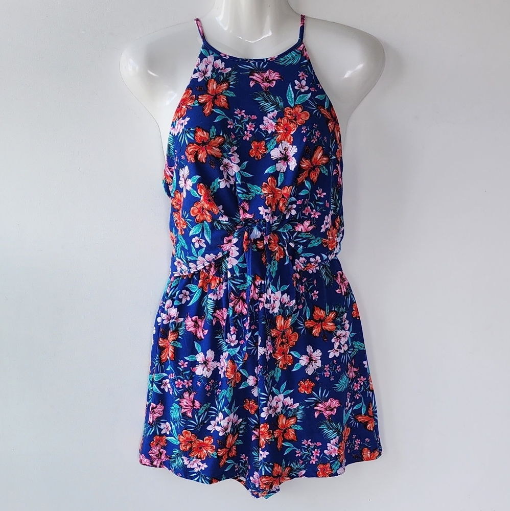 No Comment NY LA Blue Tropical Floral Short romper Size S